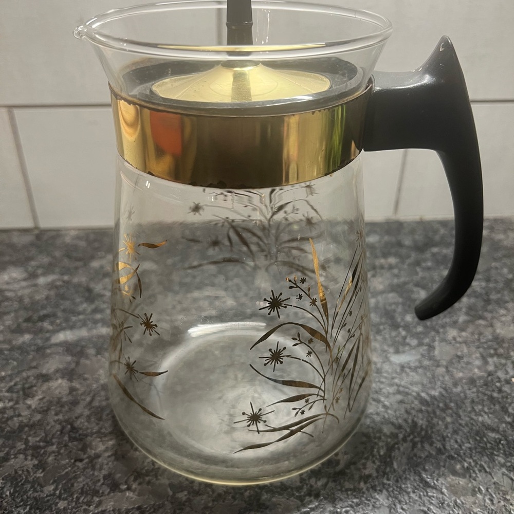 Pyrex Glass Coffee Carafe with Gold Floral Band and Black Handle
